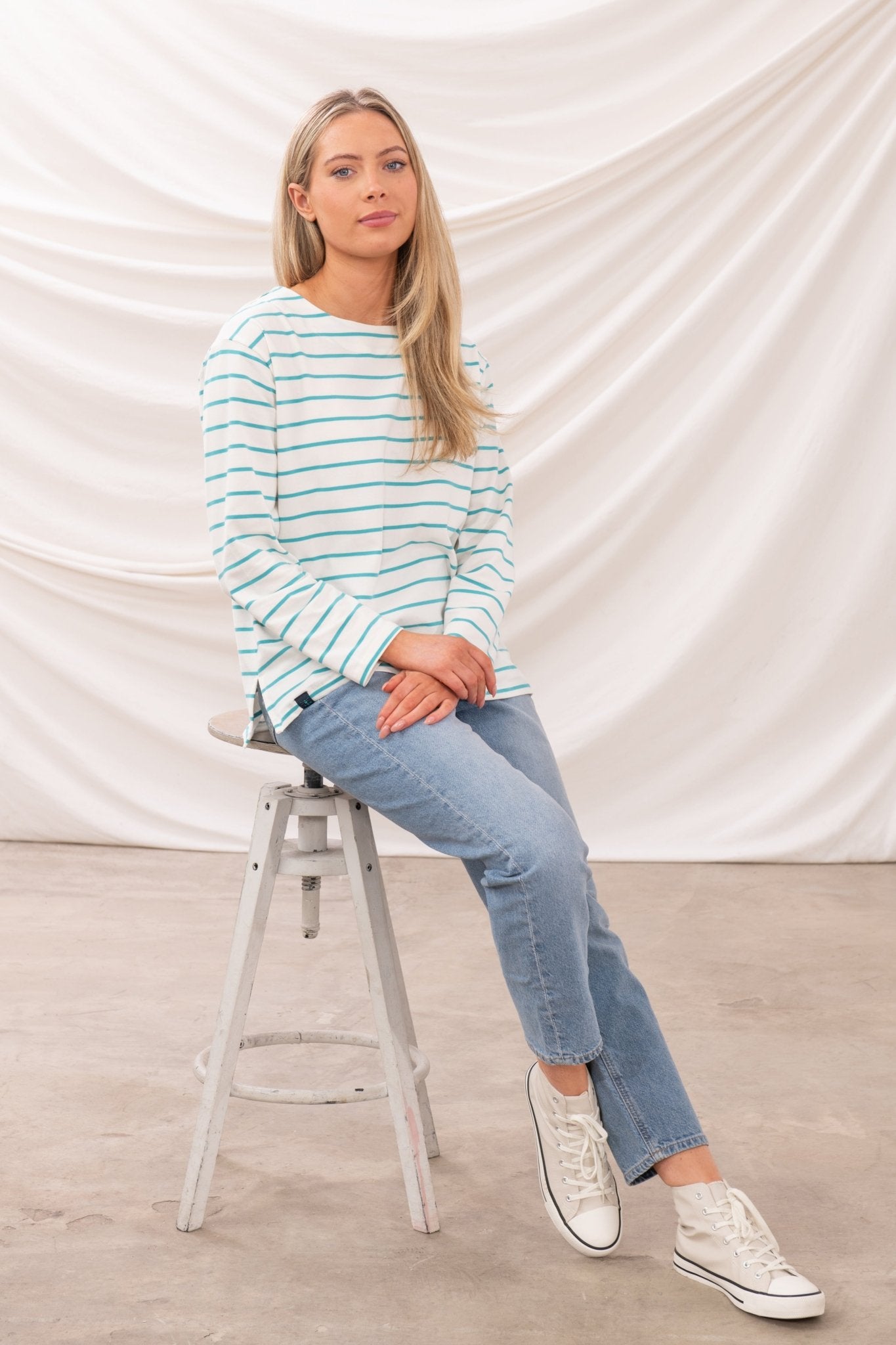 Causeway Breton Top - Soft Teal Stripe - Lighthouse