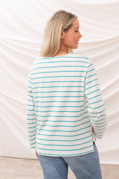 Causeway Breton Top - Soft Teal Stripe - Lighthouse