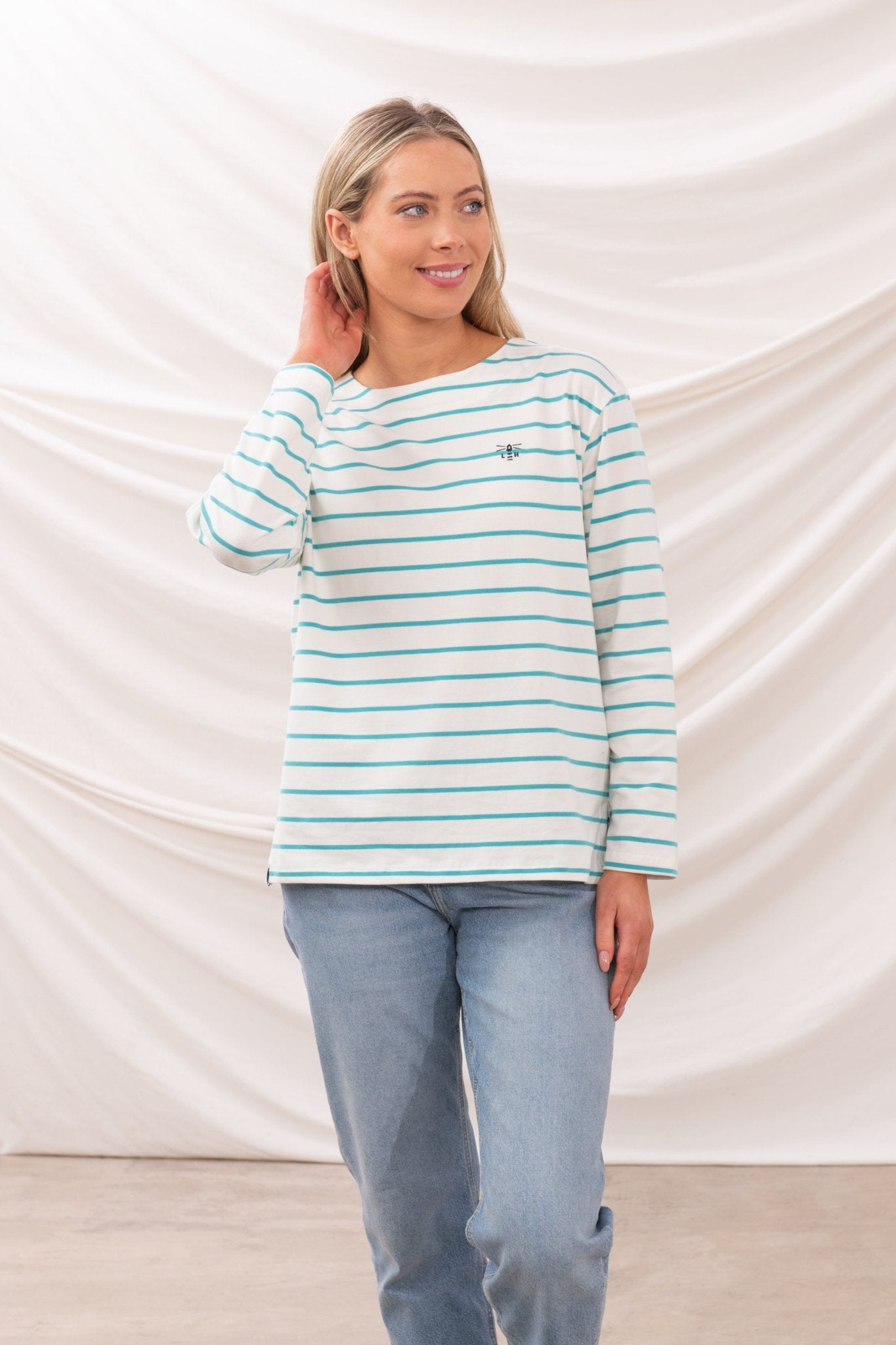 Causeway Breton Top - Soft Teal Stripe - Lighthouse