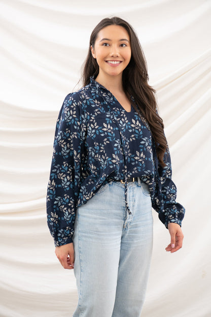 Grace Blouse - Navy Leaf - Lighthouse