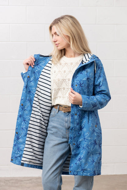 Long Beachcomber Jacket - Marine Blue Floral - Lighthouse