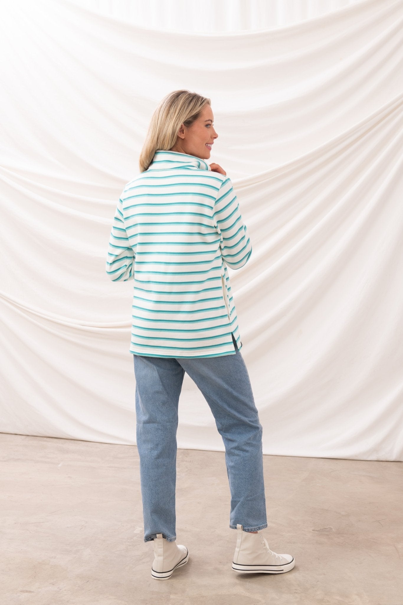 Shore Sweatshirt - Soft Teal Stripe - Lighthouse