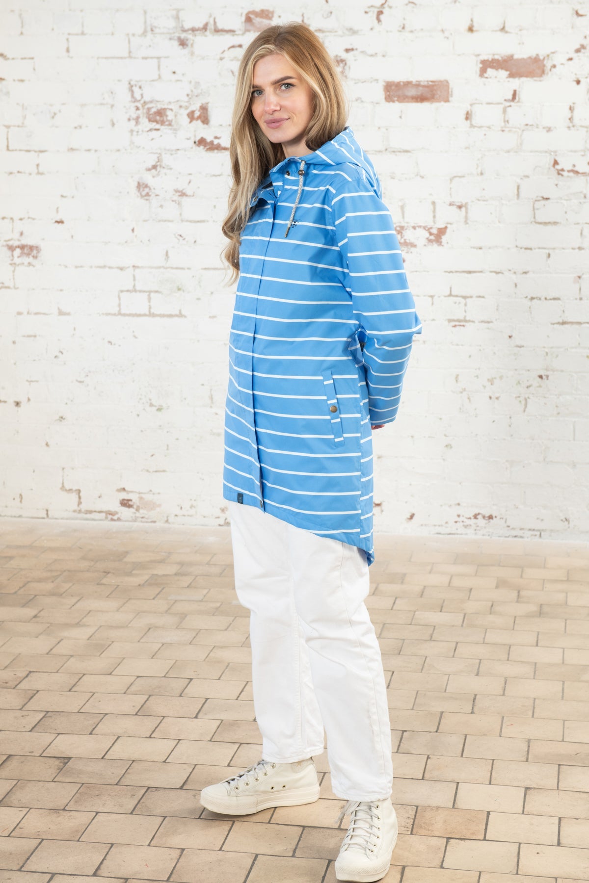 Blue and white striped raincoat store